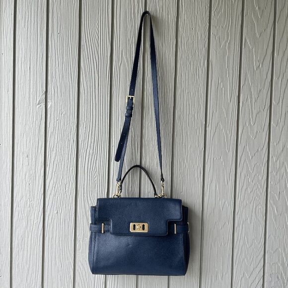 Michael Kors Navy Leather Satchel Crossbody Bag Gold Hardware Top Handle - Picture 2 of 15